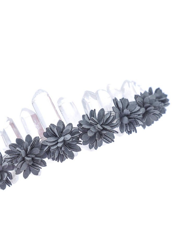 HAIMEIKANG Haimeikamg Raw Crystal Quartz Crown Headband With Flowers Handmade Natural Stone For Women Wedding Costume Hair Accessories And Parties (White Crystal + Gray Flowers)  - Image 3