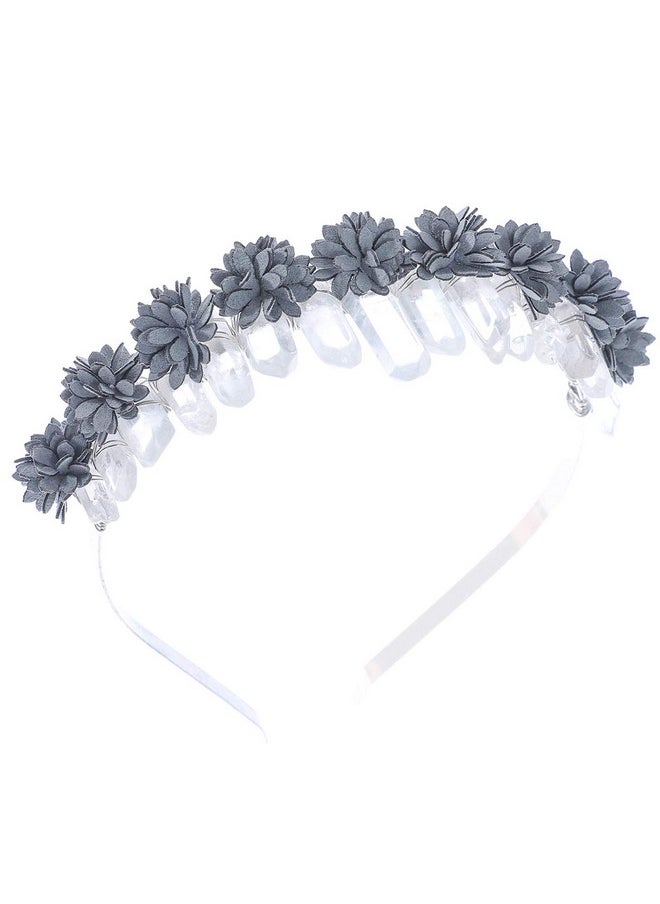 HAIMEIKANG Haimeikamg Raw Crystal Quartz Crown Headband With Flowers Handmade Natural Stone For Women Wedding Costume Hair Accessories And Parties (White Crystal + Gray Flowers)  - Image 2