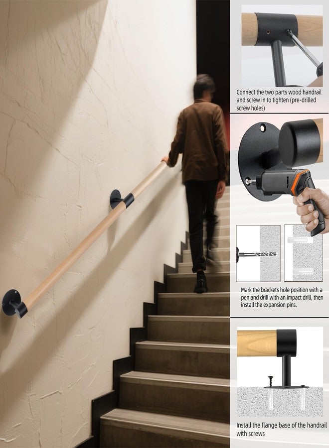 Purife 4 FT Wall Mount Wood Handrails for Indoor Stairs- Metal Support Wooden Staircase Handrails, Interior Stair Railings, Banister Hand Railing, Outdoor Grab Bars Safety Handle for Elderly - Image 3