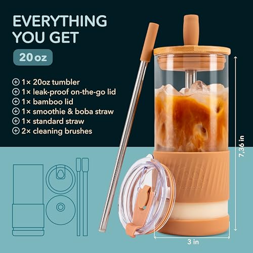 Pandaloo® Glass Cups With Lids and Straws -20 Fl Oz- Perfect Size Iced Coffee Cup - Smoothie Cup With Bamboo Lid and On the go Lid - (2 Count (Pack of 1), Black Saphir-Mediterranean Olive) - Image 2