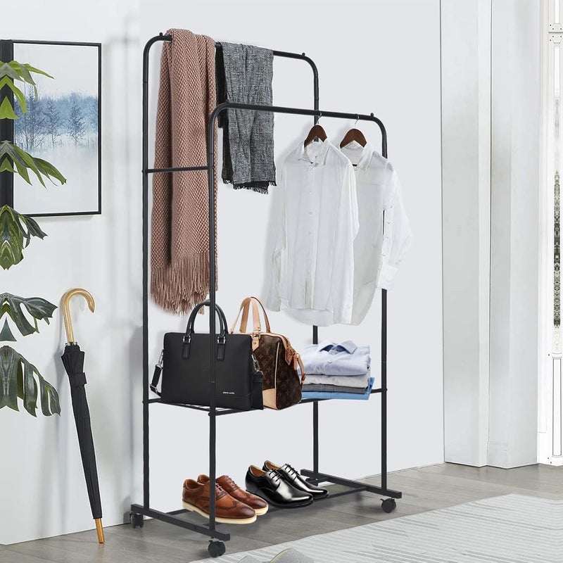 Wisfor Clothes Hanger Rack: Moving Cloth Drying Stand with 2 Tier Shelf for Storage Shoe Box and Bag Heavy Duty Wardrobe for Coat Organizer in Laundry Room Balcony Black - Image 4