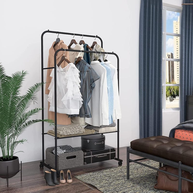 Wisfor Clothes Hanger Rack: Moving Cloth Drying Stand with 2 Tier Shelf for Storage Shoe Box and Bag Heavy Duty Wardrobe for Coat Organizer in Laundry Room Balcony Black - Image 2