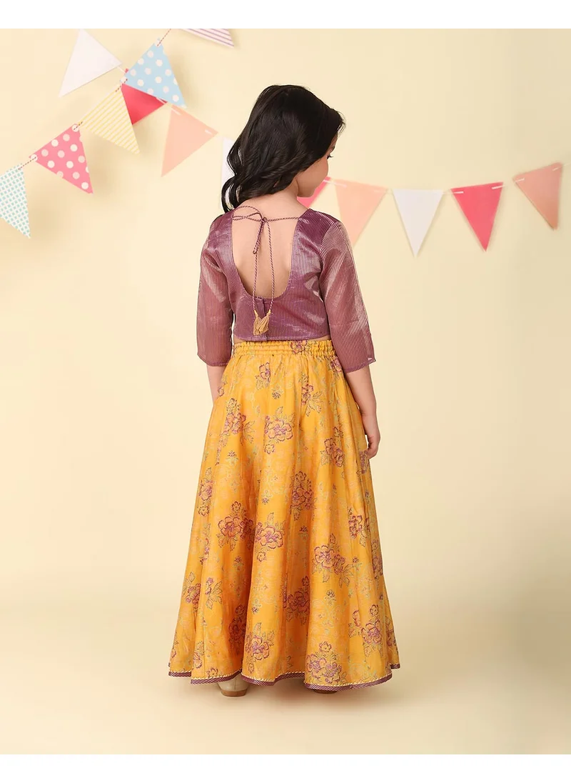 Fabindia Yellow Cotton Silk Hand Block Printed 3Pc Lehenga Set