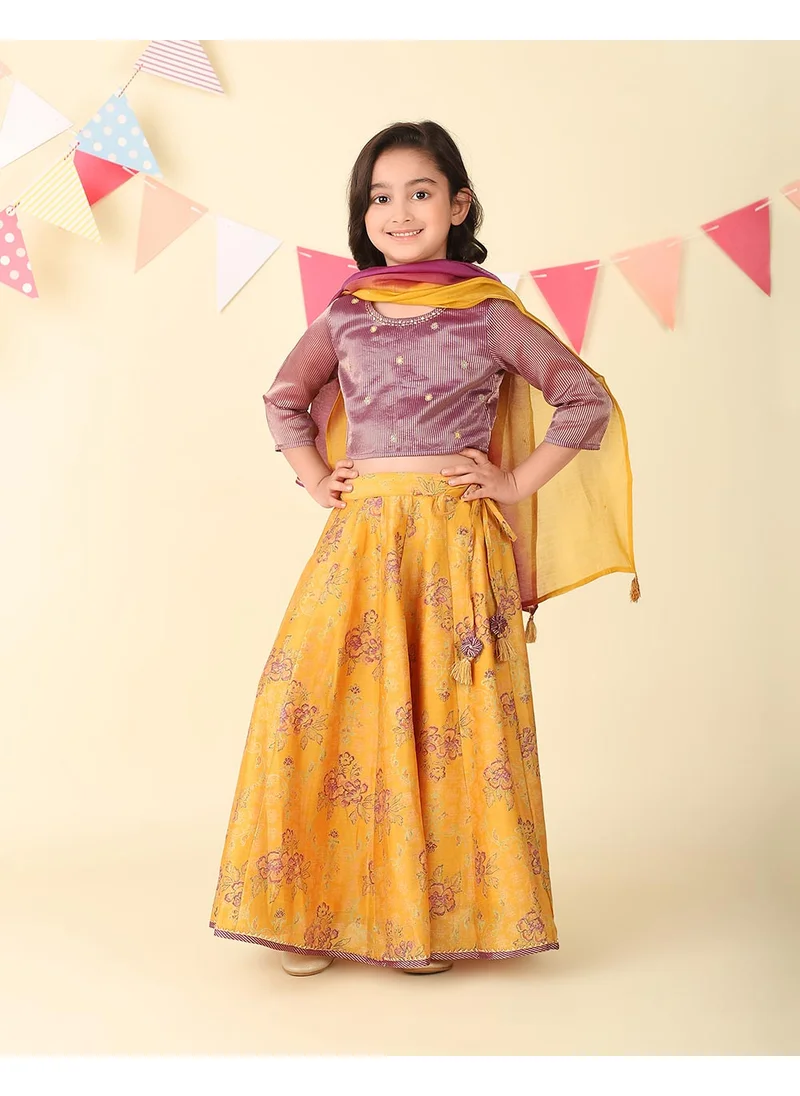 Fabindia Yellow Cotton Silk Hand Block Printed 3Pc Lehenga Set