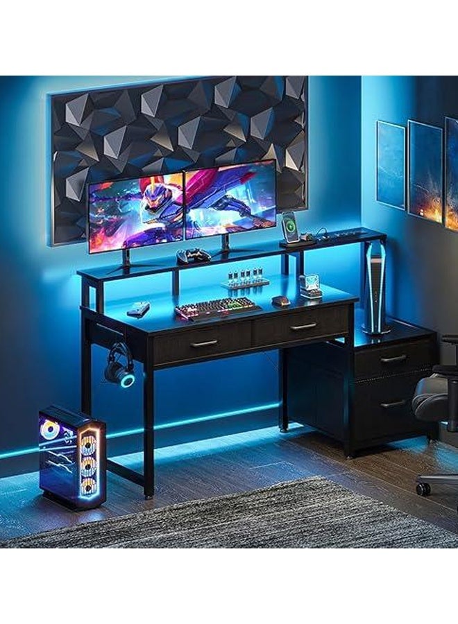 إن كي أكس مكتب كمبيوتر مع رف طابعة ومخرج طاقة - مكتب مع أضواء شريطية LED وطاولة محطة عمل للمكتب المنزلي - Image 2