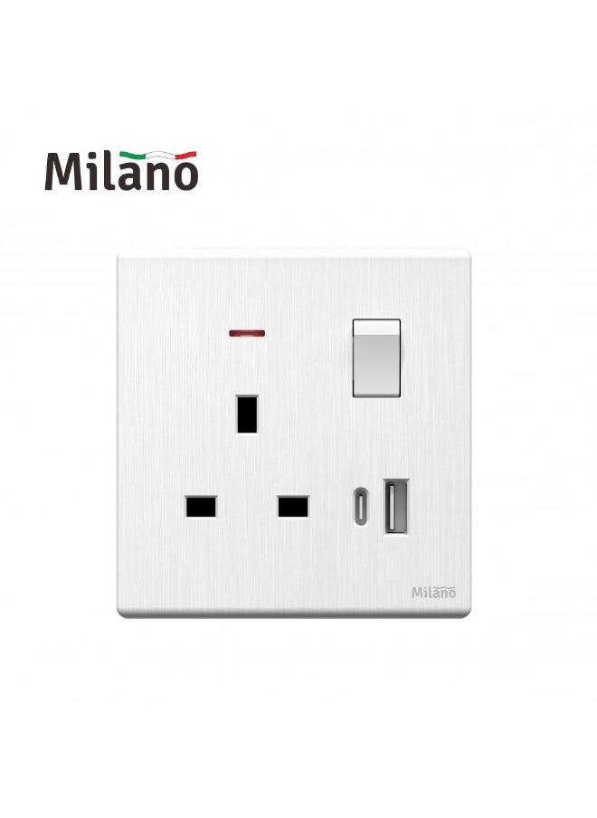 DANUBE HOME Milano Aura 13A Socket With Neon & Usb Type A+C - Brushed White Finish Durable Metal Electrical Switch Indoor Lighting Fixture Home Electronic Accessories - 8.6X9X4Cm 