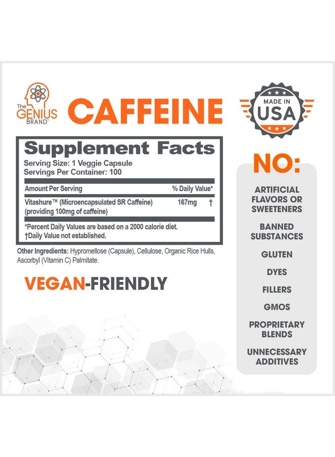 The Genius Brand جينيوس كافيين - أقراص كافيين ميكروكبسولة للإفراز المستمر لطاقة وتركيز سلسين وطويلين - بدون توتر أو انهيار - 100 ملغ لكل كبسولة - 100 حصة - معزز أداء طبيعي - Image 2
