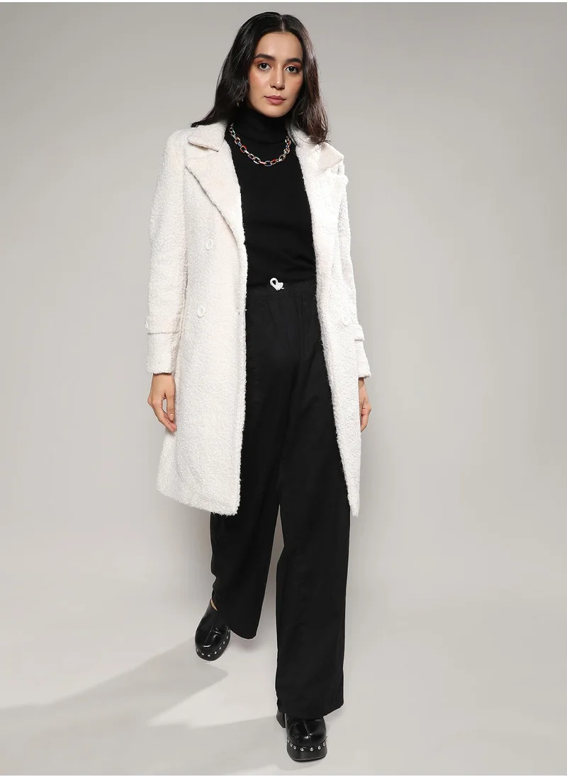 Campus Sutra Women's White Double-Breasted Sherpa Long Coat