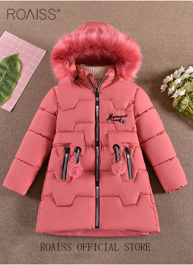 roaiss - Girls Kids Padded Coat School Quilted Jacket Fur Hooded Zipper Long Parka Winter - Image 1