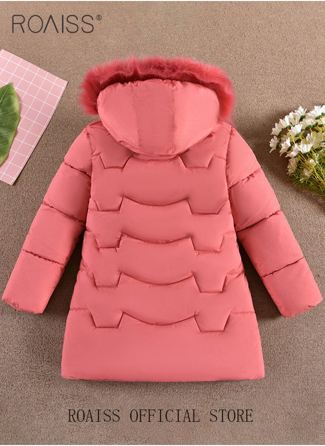 roaiss - Girls Kids Padded Coat School Quilted Jacket Fur Hooded Zipper Long Parka Winter - Image 1