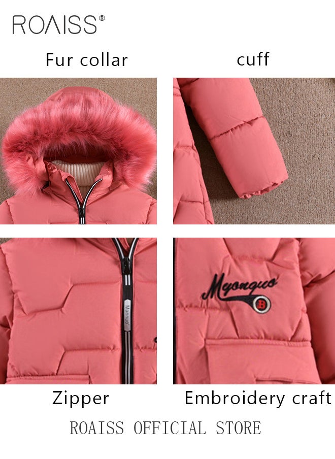 roaiss - Girls Kids Padded Coat School Quilted Jacket Fur Hooded Zipper Long Parka Winter - Image 1