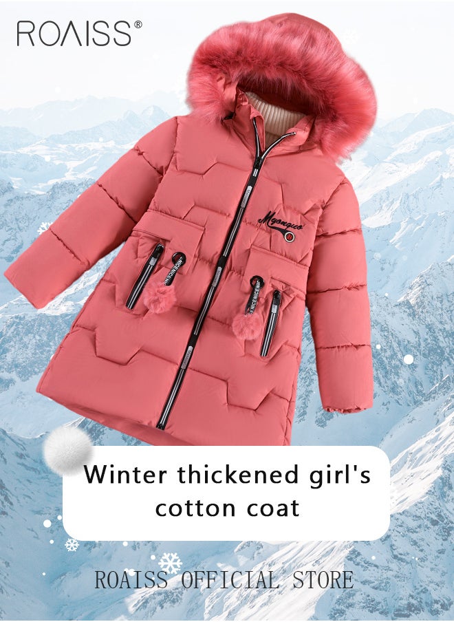 roaiss - Girls Kids Padded Coat School Quilted Jacket Fur Hooded Zipper Long Parka Winter - Image 1