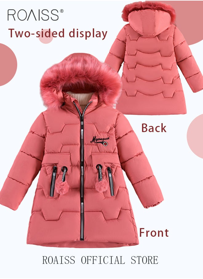 roaiss - Girls Kids Padded Coat School Quilted Jacket Fur Hooded Zipper Long Parka Winter - Image 1
