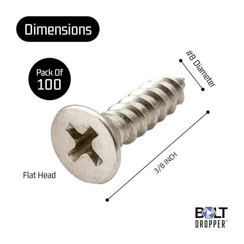 Bolt Dropper No. 8 x 3/8" Stainless Steel Flat Head Phillips Wood Screw, (100 pc), 18-8 (304) Stainless Steel Sheet Metal Screws- Type A Point, Plain Finish - Image 3