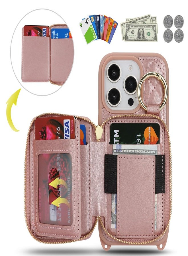 Hamany for iPhone 16 Pro Case Wallet with Card Holder for Women,for iPhone 16 Pro Phone case Wallet with Strap Credit Card Slots Crossbody with Kickstand Zipper Case-Rose Gold - Image 2