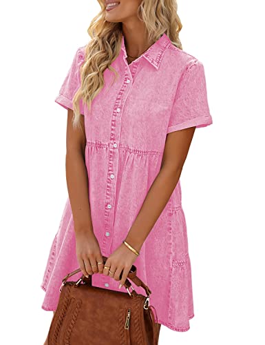 LookbookStore Pink Dresses for Women Valentines Day Pink Dress 2024 Summer Short Jean Dress Casual Short Sleeves Babydoll Denim Dress for Women Size M - Image 3