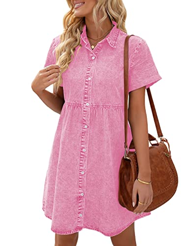 LookbookStore Pink Dresses for Women Valentines Day Pink Dress 2024 Summer Short Jean Dress Casual Short Sleeves Babydoll Denim Dress for Women Size M - Image 2