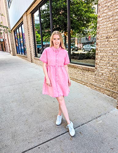 LookbookStore Pink Dresses for Women Valentines Day Pink Dress 2024 Summer Short Jean Dress Casual Short Sleeves Babydoll Denim Dress for Women Size M - Image 5