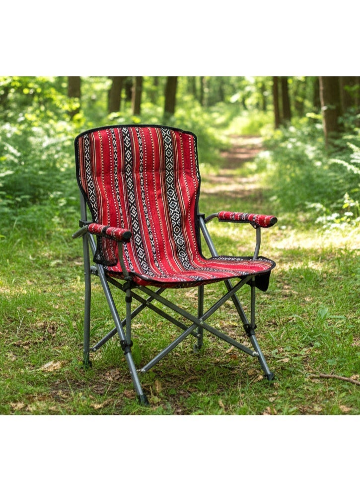 GO2CAMPS Heavy-Duty Foldable Camping Chair 150KG Capacity with Carry Bag – Traditional Arabic Sadu Heritage Design Majlis Chair for Desert Camping, Outdoor Picnic & Travel – Portable Steel Frame Chair with Cup Holder, Mobile & Accessory Pockets – Comfortable Back Support for Arabic Outdoor Lifestyle - Image 2