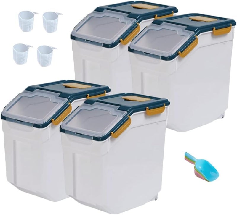 YXQ 25LB Large Flour Storage Container Bin,4 Pack Airtight Plastic with Wheels Seal Locking Lid Dispenser Organizer Storage Bin with Measuring Cup & Scoop for Flour, Rice, Grain 100LBS Total - Image 1