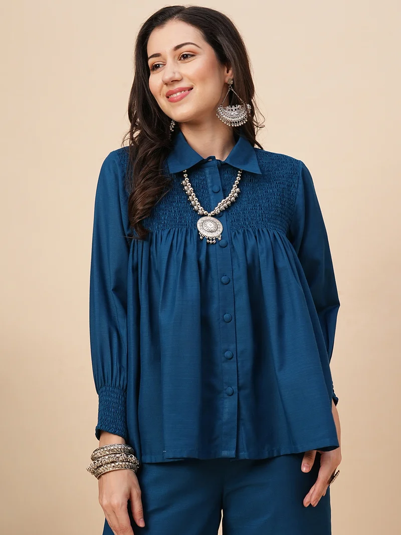 globus Women Teal Smocked Yoke A-Line Shirt & Trousers Fusion Co-Ords