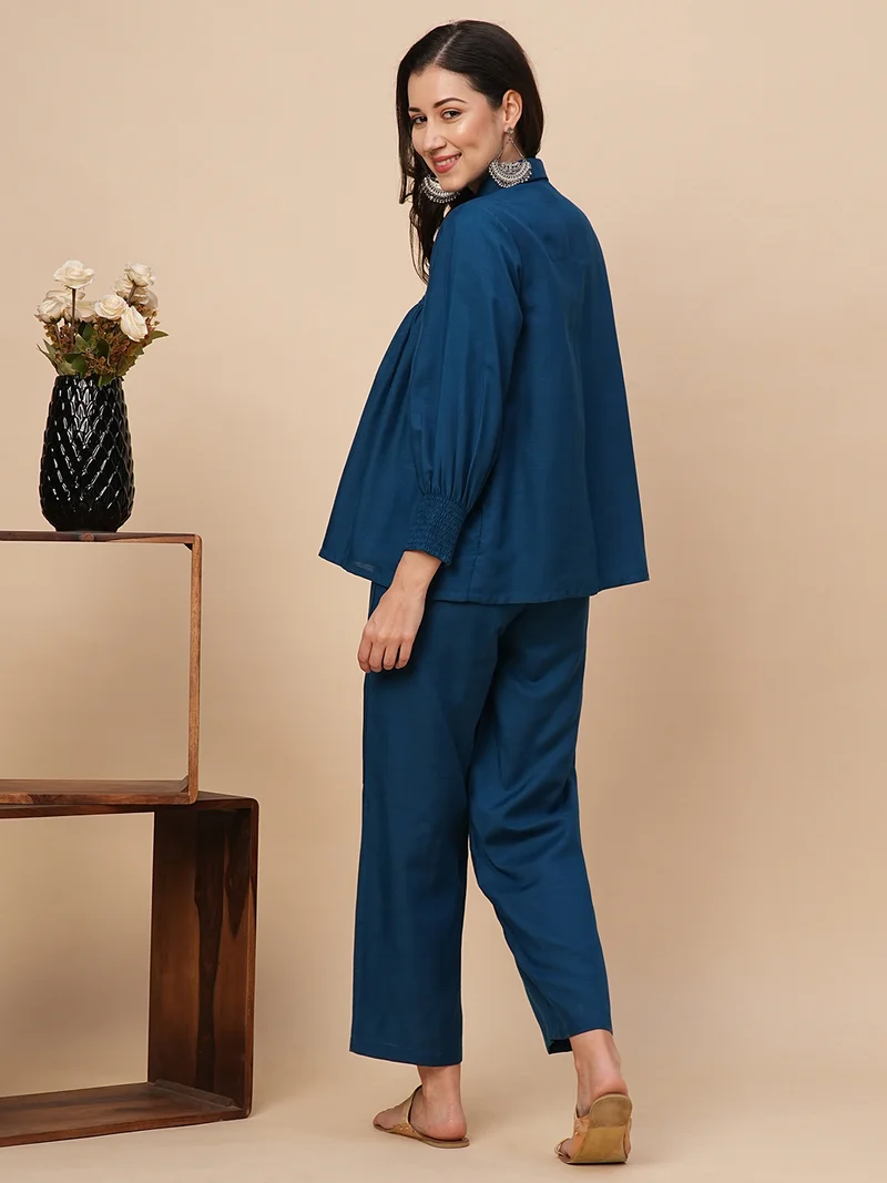 globus Women Teal Smocked Yoke A-Line Shirt & Trousers Fusion Co-Ords