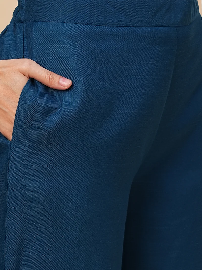 globus Women Teal Smocked Yoke A-Line Shirt & Trousers Fusion Co-Ords