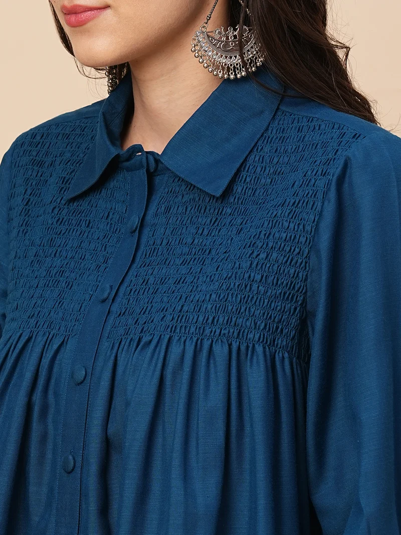 globus Women Teal Smocked Yoke A-Line Shirt & Trousers Fusion Co-Ords
