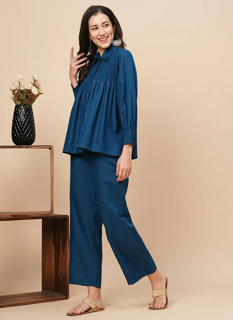 globus Globus Women Teal Smocked Yoke A-Line Shirt & Trousers Fusion Co-Ords