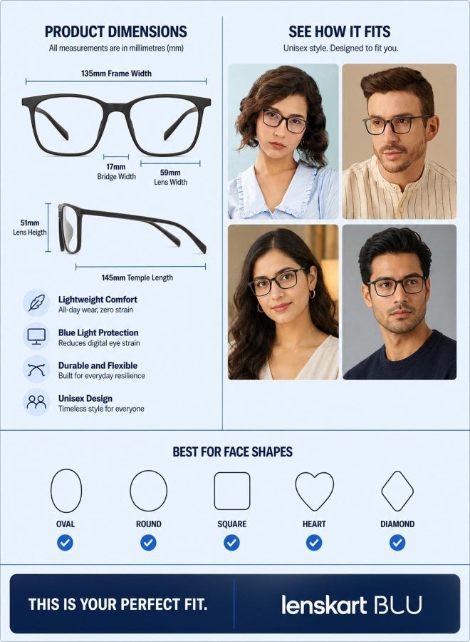 Lenskart Blu Unisex Lenskart BLU Unisex Zero Power Full Rim Bluecut & Antiglare Square Shape Computer Eyeglasses LB E13526 - 51mm - Black - Image 5