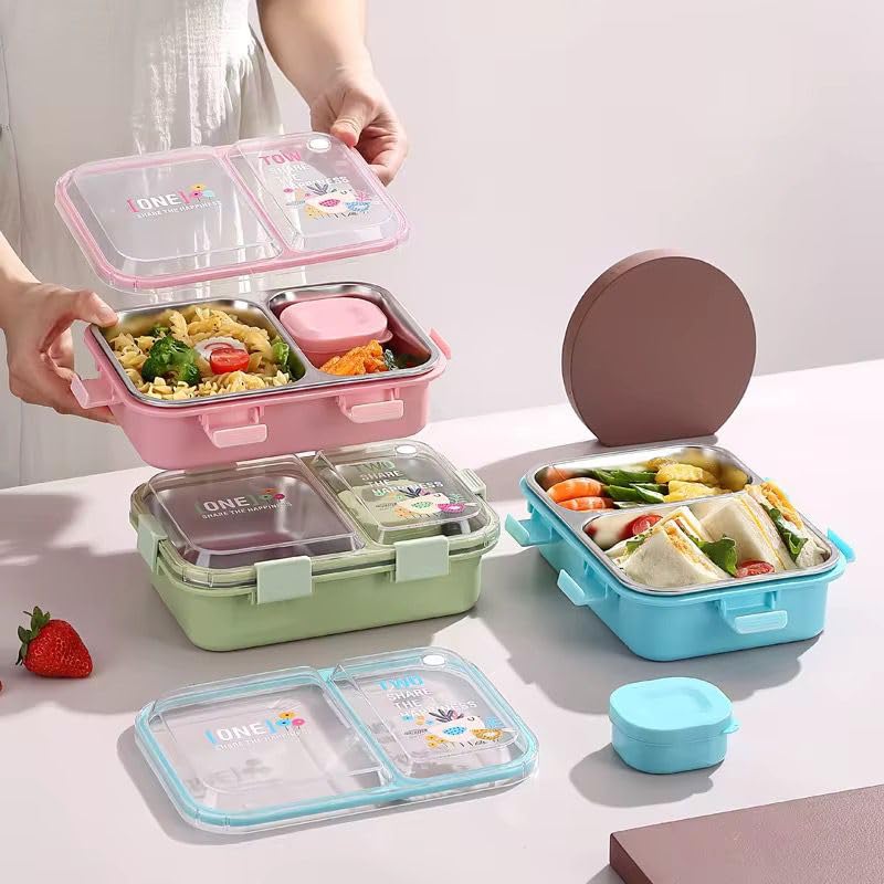 Brand Conquer صندوق غداء 3 أقسام مقاوم للتسرب خالي من BPA من الفولاذ المقاوم للصدأ للمدرسة، صندوق غداء للمدرسة والمكتب مع شوكة وملعقة وزوج من عيدان الطعام (أزرق، صندوق غداء السعادة) - Image 5