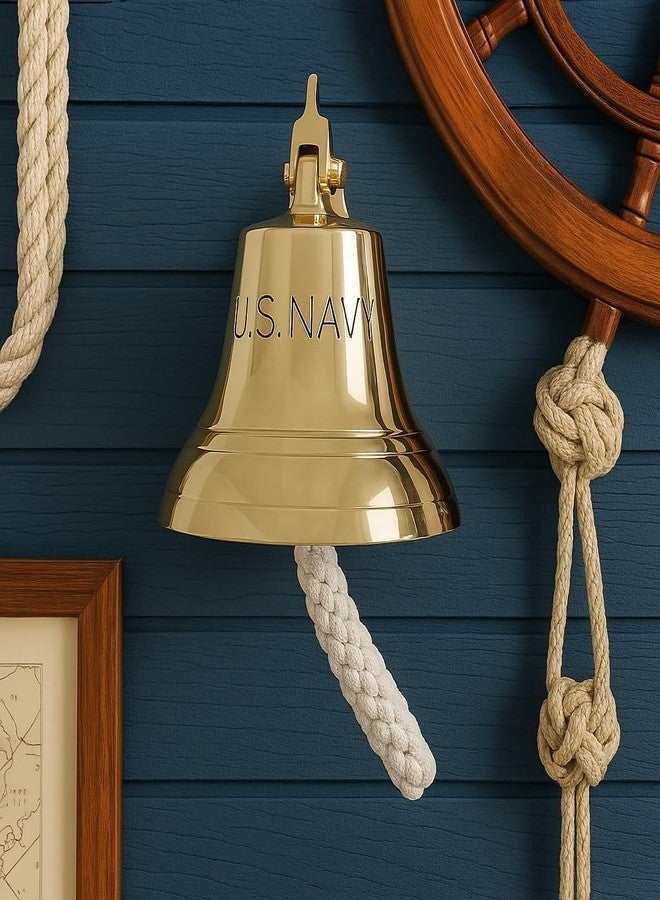 GLOBEDECOR Gold Brass U.S. Navy Engraving 8-Inch Nautical Wall Mounted Bell with Knotted Lanyard – Solid Brass Ship Bell with Mounting Hardware – Maritime Decor for Home, Office, or Outdoor Use - Image 2