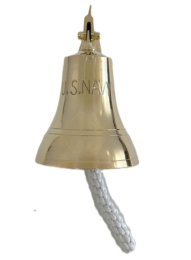 GLOBEDECOR Gold Brass U.S. Navy Engraving 8-Inch Nautical Wall Mounted Bell with Knotted Lanyard – Solid Brass Ship Bell with Mounting Hardware – Maritime Decor for Home, Office, or Outdoor Use - Image 1