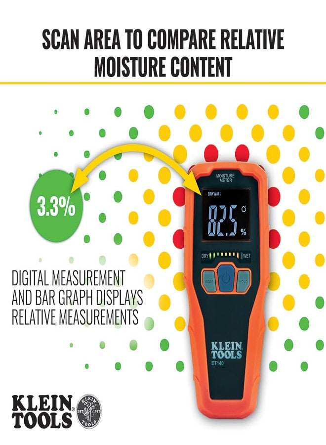 Klein Tools ET140 Pinless Moisture Meter for Non-Destructive Moisture Detection in Drywall, Wood, and Masonry; Detects up to 3/4-Inch Below Surface - Image 4