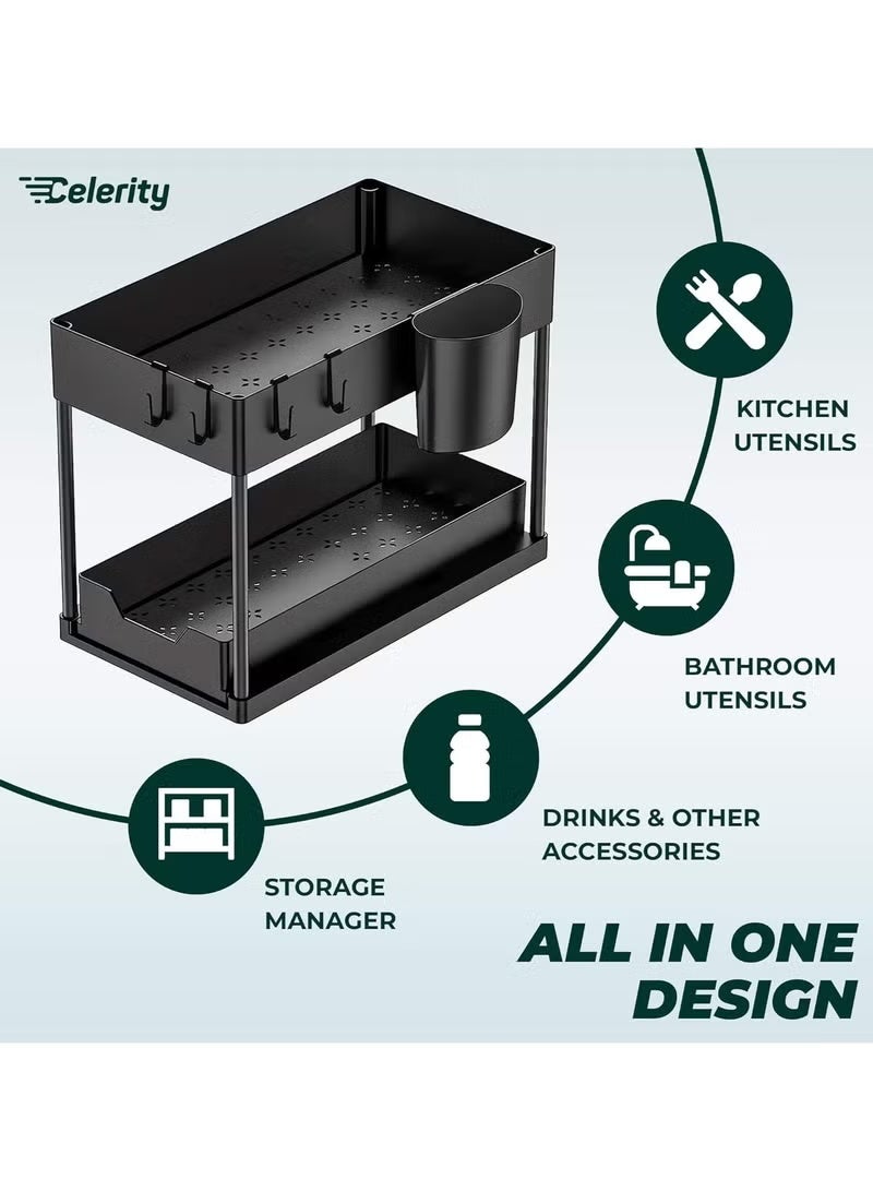 2 Tier Kitchen Sink Organizer with Hooks ,Sink Organizers and Kitchen Storage Sliding Drawer, , Under Bathroom Cabinet Organizer Sink Shelf Storage Rack for Laundry –Black - Image 3