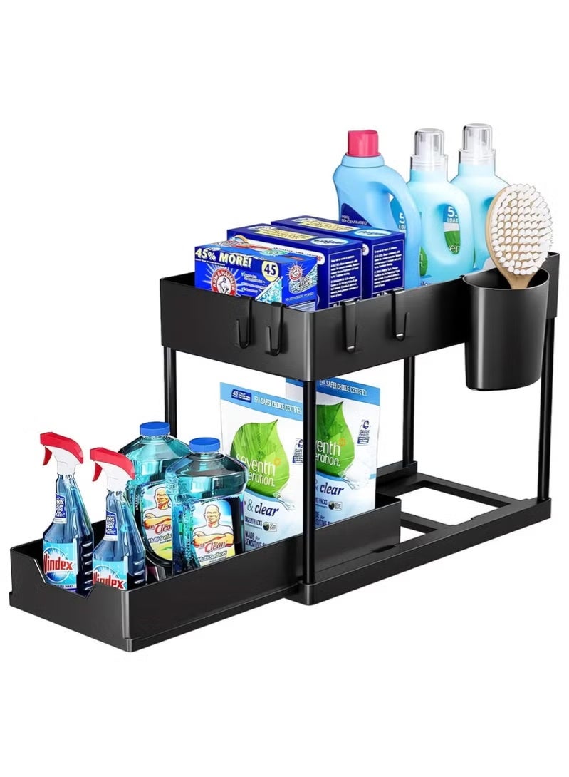 2 Tier Kitchen Sink Organizer with Hooks ,Sink Organizers and Kitchen Storage Sliding Drawer, , Under Bathroom Cabinet Organizer Sink Shelf Storage Rack for Laundry –Black - Image 2