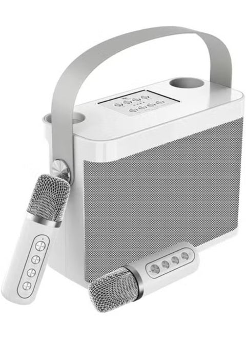 YS-219 Bluetooth Karaoke Speaker System with Dual Wireless Microphones – Powerful Portable Sound System with Deep Bass, Vocal Effects, USB/TF Card Playback, and Rechargeable Battery – Perfect for Outdoor Parties, Events, and Gatherings – Silver
