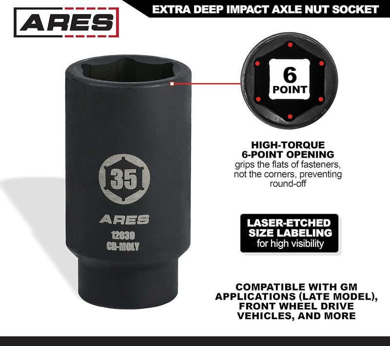 ARES 12039-35MM Axle Nut Socket - 6 Point Socket - Extra Deep 1/2-Inch Drive Impact Socket for Easy Removal of Axle Shaft Nuts - Image 3