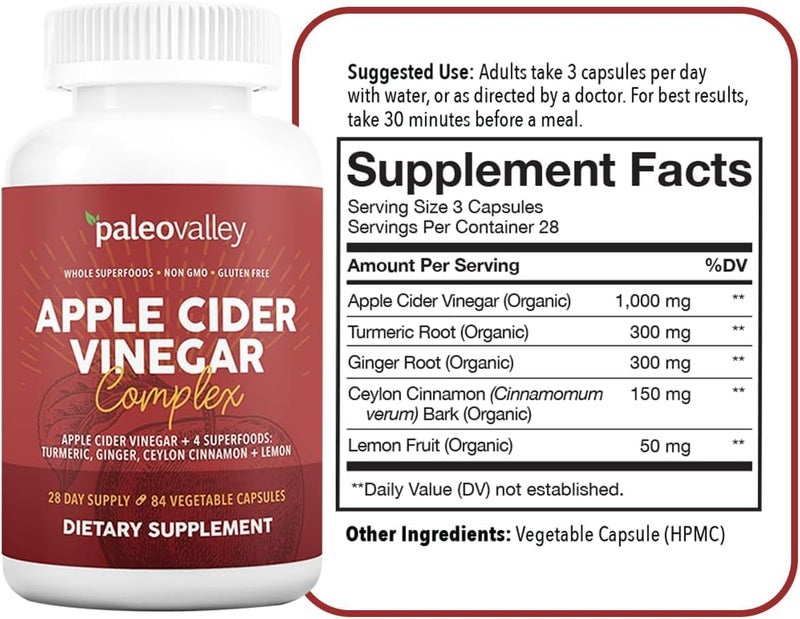 Paleovalley مجمع خل التفاح من باليو فالي مع الأطعمة الخارقة: الكركم، الزنجبيل، القرفة السيلانية، والليمون - 84 كبسولة نباتية - Image 2