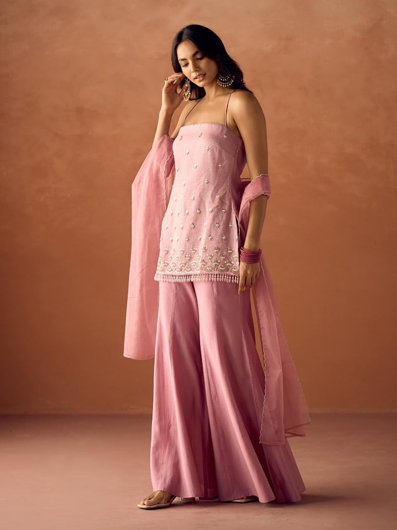 FIORRA Women Light Pink Crush Organza Hand Work Straight Kurta Set with Dupatta SET0224 - Image 4