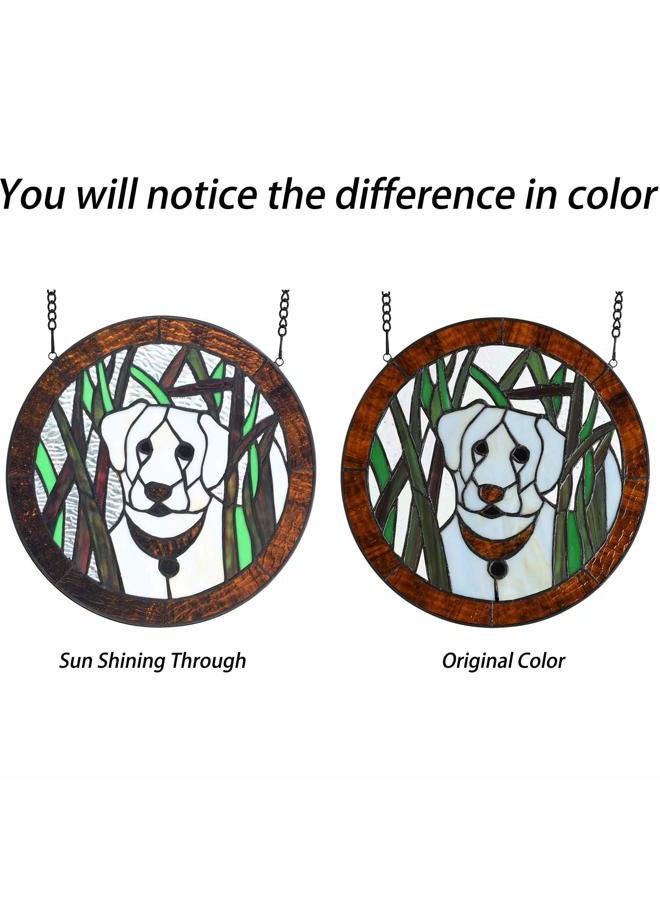 Bieye W10071 Kuvasz Dog Tiffany Style Stained Glass Window Panel, Round Shape, 12 inches Wide, White - Image 3