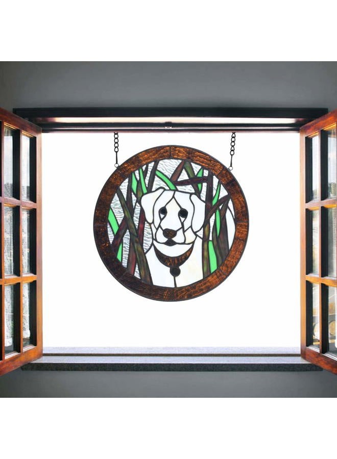 Bieye W10071 Kuvasz Dog Tiffany Style Stained Glass Window Panel, Round Shape, 12 inches Wide, White - Image 4