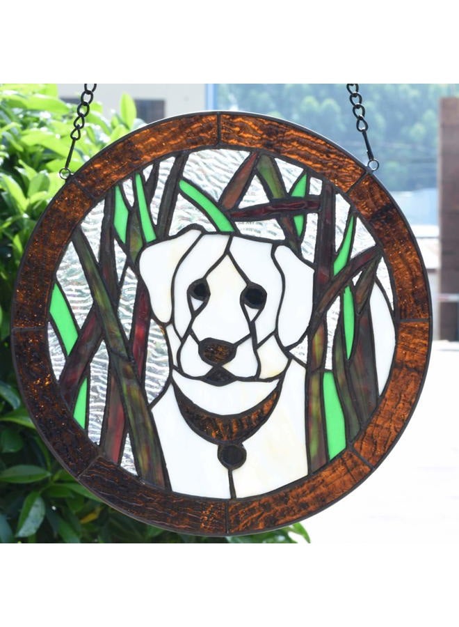 Bieye W10071 Kuvasz Dog Tiffany Style Stained Glass Window Panel, Round Shape, 12 inches Wide, White - Image 2