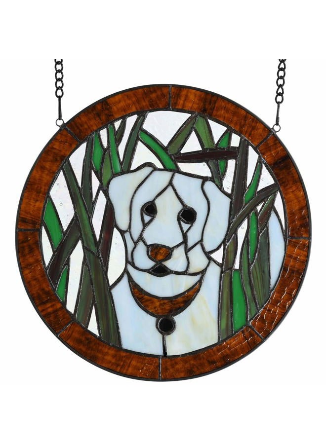 Bieye W10071 Kuvasz Dog Tiffany Style Stained Glass Window Panel, Round Shape, 12 inches Wide, White - Image 1