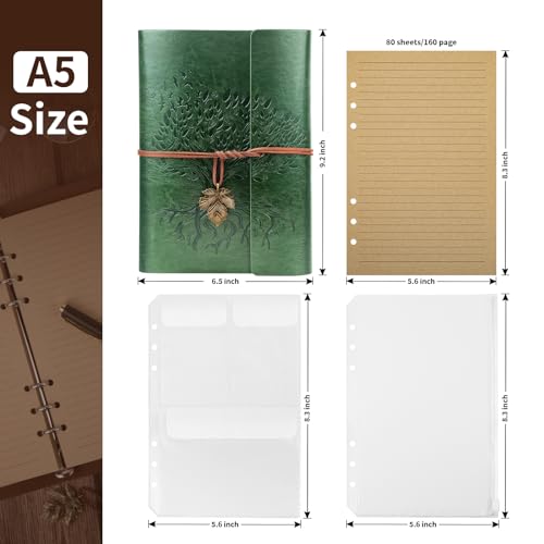 Billtigif PU Leather Journal Notebook, Refillable Travel Vintage Writing Journals Diary, Gifts for Women, Men, Teen Girls and Boys, 100GSM Lined Paper,160 Pages(Green, A5 9.2" x 6.5") - Image 2
