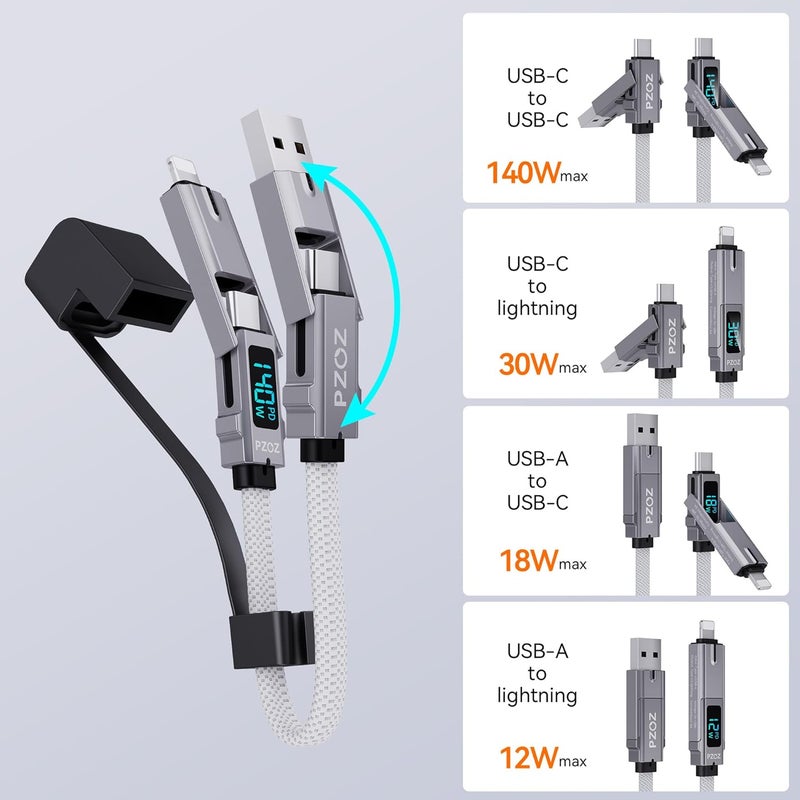 Pzoz 0.18M 140W 4-in-1 Short USB C Cable, USB C & Lightning Keychain Charging Cable with LED Display, Portable Fast Charging Cord for Power Bank, iPhone, MacBook, iPad, Samsung - Image 5
