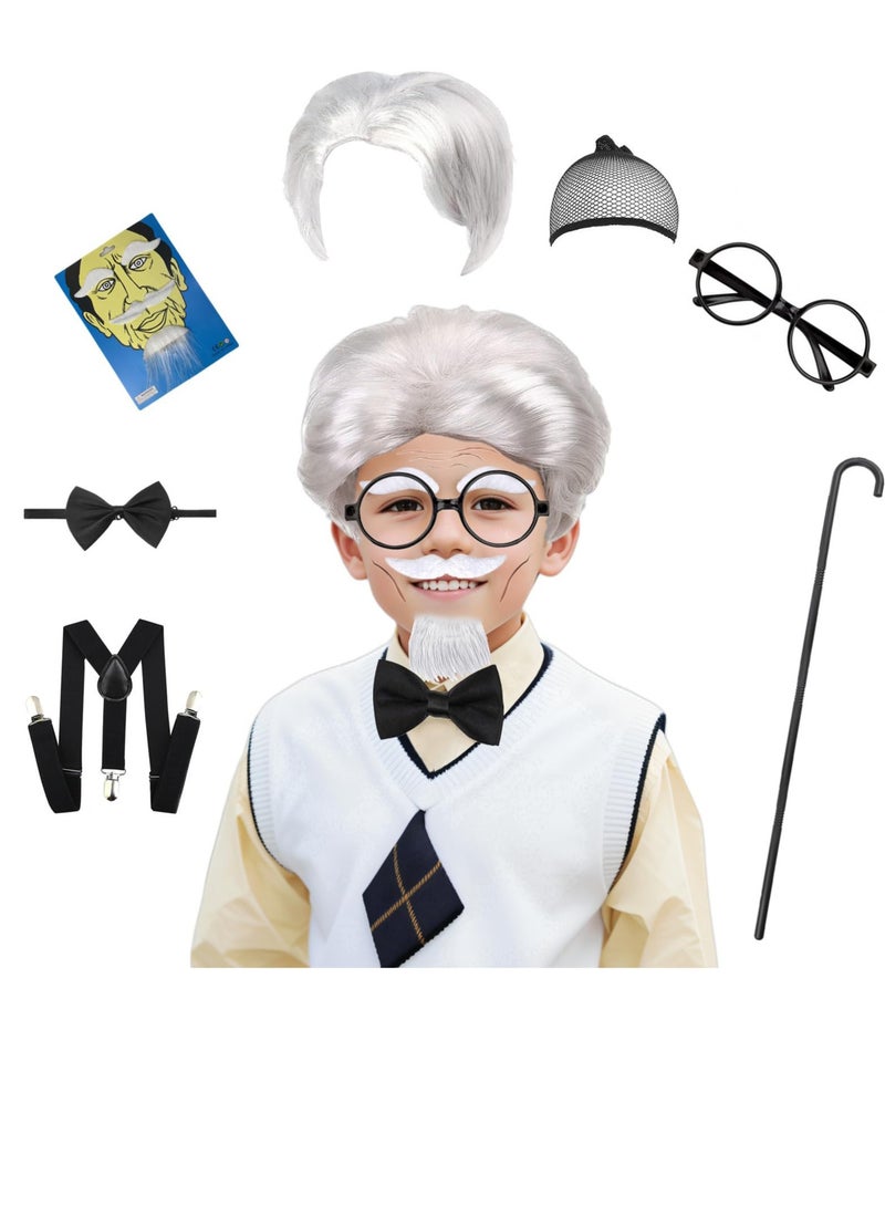 Excefore Old Man Wig for Boy, Grandpa Costume with Grey Mustache for Kids, 100th Day Of School Dress Up Accessories, for Grandpa Cosplay (9pcs White) - Image 1