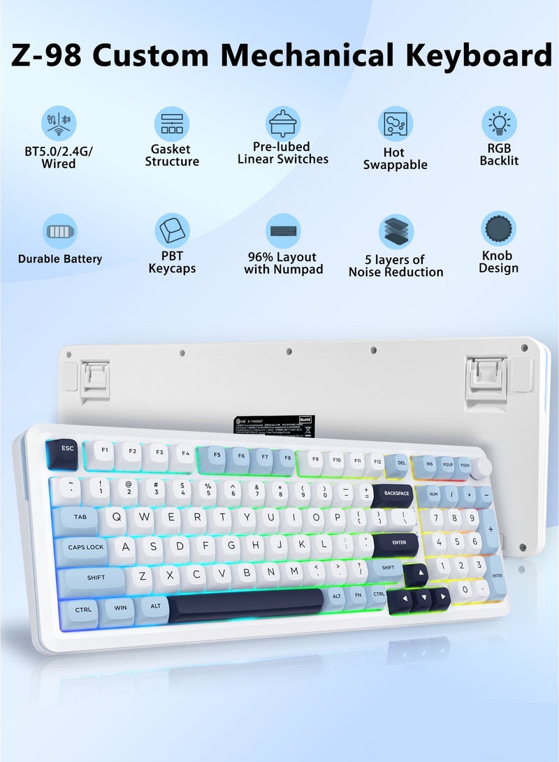 E-YOOSO Z-98 Wireless Mechanical Keyboard, Creamy Sound, Hot Swappable Pre-lubed Linear Switches, Gasket Structure with Sound Dampening Foam, RGB Backlit, 98 Keys Custom Gaming Keyboard for PC/Mac,Blue - Image 2