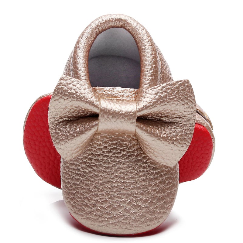 Bebila Double Bow Baby Moccasins - Soft Red Sole Baby Shoes Toddler Infant Fringe Girls Shoes (0-3months,10.5cm, 3M US Infant, Gold) - Image 3