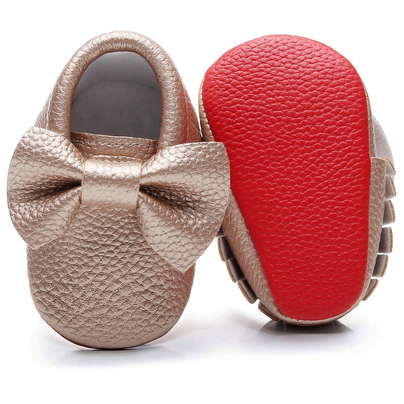 Bebila Double Bow Baby Moccasins - Soft Red Sole Baby Shoes Toddler Infant Fringe Girls Shoes (0-3months,10.5cm, 3M US Infant, Gold) - Image 1